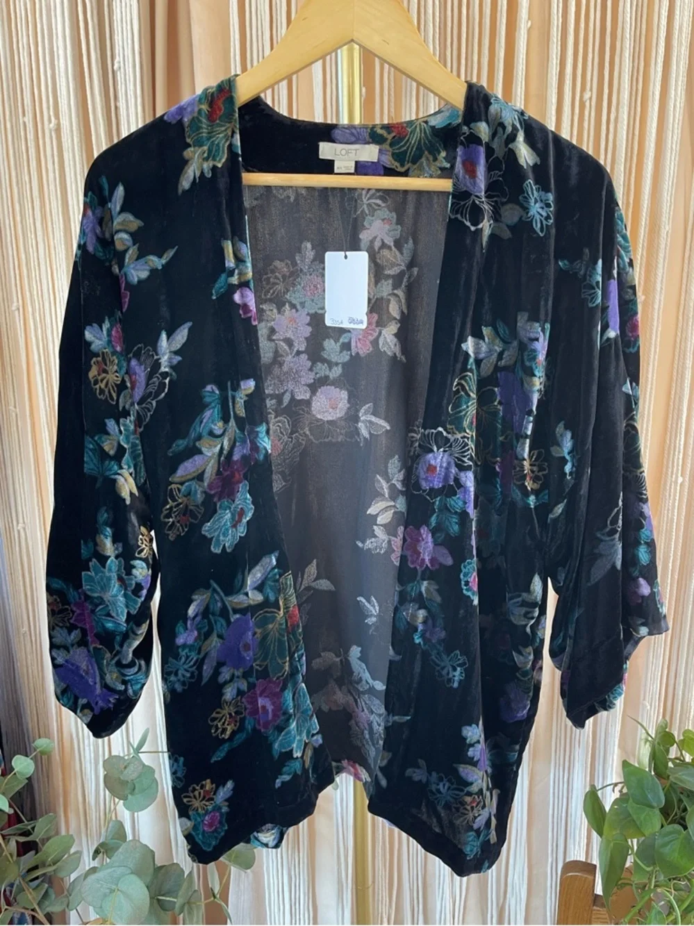 LOFT black velvet floral kimono open cardigan vibrant multicolor jewel tone - Picture 1 of 10